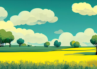 abstract cartoon style of pastoral rural landscape, illustration of yellow field, green trees and blue sky with fluffy clouds created with generative ai technology. High quality illustration