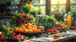 Festive table setting with fresh fruits, juice, pastries, with flowers and warm lights, with blur and bokeh golden sunlight effect in the background