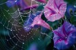 A close-up of raindrops on spider webs among morning glories capturing natures intricacy