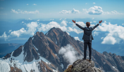 Successful man standing on top of a mountain and raising his hands up generative ai  art