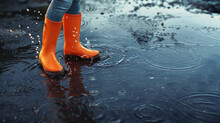 Vibrant Orange Rain Boots Splashing Through Urban Puddles On A Wet Day.