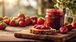 Glistening strawberry jam jar beside a toast with jam spread on a rustic wooden board among fresh strawberries