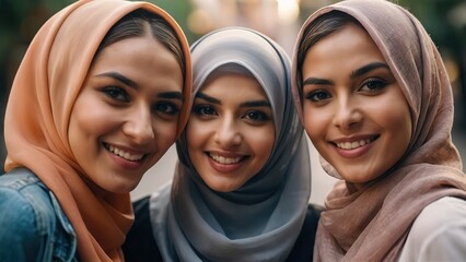 Fashion women group wearing different hijab style taking selfie