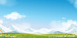 Spring Background with Clear Sky Blue ,Cloud,Grass field,Flower on Hill and Forest Tree in Village,Vector Cartoon Summer landscape peaceful rural nature in the park,Panoramic Banner for Easter