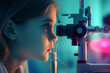 young girl under the eye of an eye doctor, in the style of mechanized precision