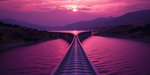 Canvas Print - At sunset, an architectural water canal basks in the warm glow of the fading sun, its serene surface mirroring the changing colors of the sky