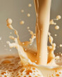 Close up of fresh milk splash at beige background, macro image for design product