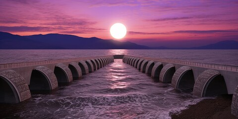 Wall Mural - In the fading light of the day, an architectural water canal takes on a golden hue, its peaceful waters creating a serene and picturesque scene