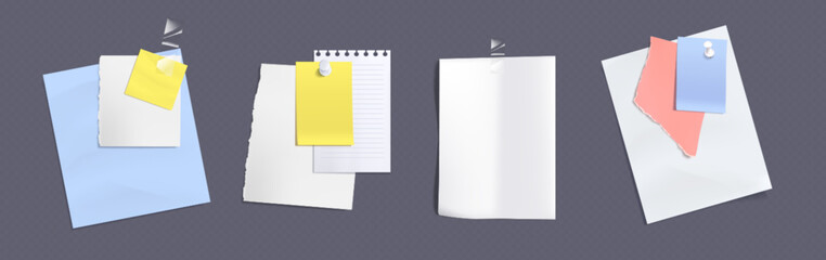 Memo note paper sheets attached with adhesive tape and pins. White and colorful notepad pages and stickers for memory writings. Realistic vector illustration set of frames for bulletin notice.