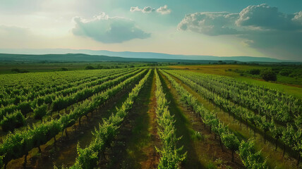  Sunset over orderly vineyard rows with lush greenery and distant hills.