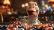 Create a whimsical scene of a goofy goose munching on a sandwich surrounded by poker chips