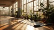 tranquil yoga studio with the soft radiance of natural daylight, fostering a calming and cozy practice space