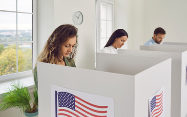 Wall Mural - Voters on election day, us polling office, people stand, participate to mark ballot paper in booth. Polling station to vote for political person among candidates for position, select or make decision