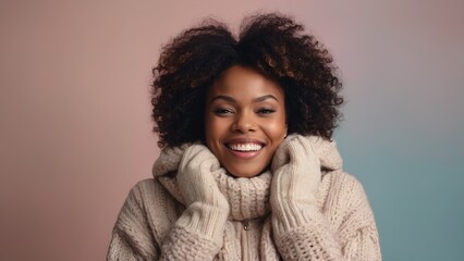 Happy black woman wear winter clothes, winter style photoshoot