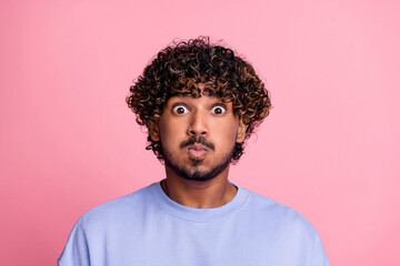 Sticker - Photo of funky funny guy wear trendy clothes blow cheeks have fun isolated on pink color background