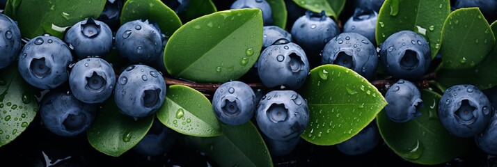 Wall Mural - Fresh wet blueberries with green leaves. Blueberries background, backdrop, banner, texture. Closeup shot with water drops