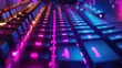 Gaming Keyboard with Dynamic Purple and Blue Backlighting, A side perspective of a gaming keyboard showcasing vibrant purple and blue backlighting with a blurred background.