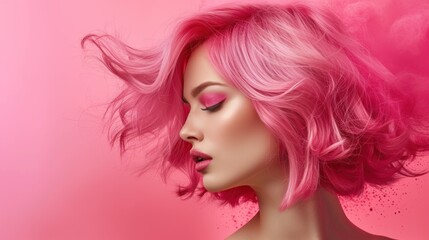 Wall Mural - Beauty Fashion Model Portrait pink hair color. Bob Short Haircut. Fringe Hairstyle. Hairdressing. Beautiful Glamour Girl with Short blonde hair