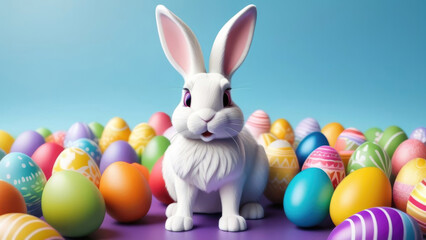 Wall Mural - Easter bunny and colorful easter eggs on blue background