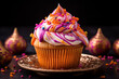 cupcake festif sur le thème de Bollywood, glaçage très coloré et bariolé violet et orange, avec des vermicelles en sucre. Ornements indiens violets et oranges en arrière-plan.