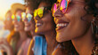 Group of young diverse women wearing sunglasses looking at sunset during summer time , girls friends with ethnic diversity in holidays background