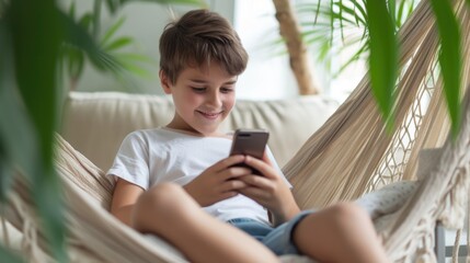 Young boy smiling while using a smartphone in a hammock.