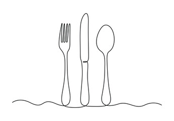 Wall Mural - Continuous one line drawing of fork knife and spoon. Isolated on white background vector illustration. Free vector