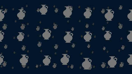 Poster - Antique vase symbols float horizontally from left to right. Parallax fly effect. Floating symbols are located randomly. Seamless looped 4k animation on dark blue background