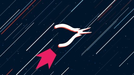 Poster - Round pliers symbol flies through the universe on a jet propulsion. The symbol in the center is shaking due to high speed. Seamless looped 4k animation on dark blue background with stars