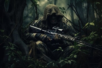 Wall Mural - Man in the jungle with a machine gun. Dark forest. Selective focus, tries to aim and make a shot from the machine gun, AI generated