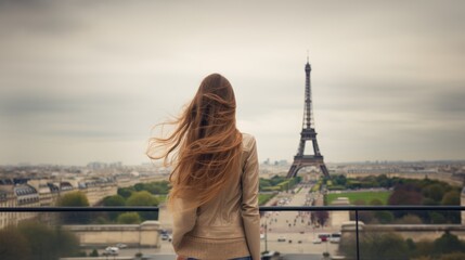 Wall Mural - Back view of young elegant woman looking at Eiffel Tower. Tourism. Travelling Concept with Copy Space. 