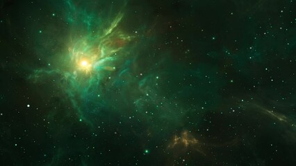 Wall Mural - space background. flying through fractal nebula in green and orange color with star field. digital a