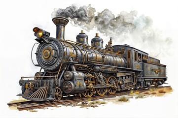 Wall Mural - Vintage steam train with smoke on a white background. Digital illustration.