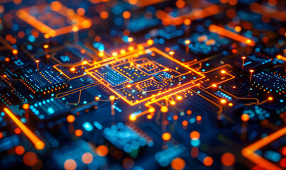 Poster - Futuristic digital circuit board with glowing nodes and connections, symbolizing advanced technology, computing power, and interconnectivity in a vibrant, abstract landscape
