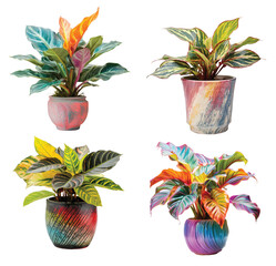 Wall Mural - Collection of beautiful ornamental plants in ceramic pots isolated on transparent background. PNG, cutout, or clipping path.	
