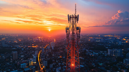 Telecommunication tower with 5G cellular network antenna on city background, Global connection and internet network concept.