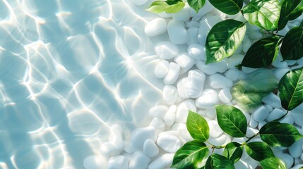 palm leaf, white stones with sun lights shadow in water, beautiful spa background concept banner for cosmetic body care product