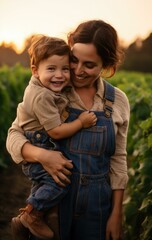 Canvas Print - A woman holding a small boy in a field of vines. Generative AI.