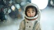 portrait of a girl smiling in astronaut uniform, future career concept