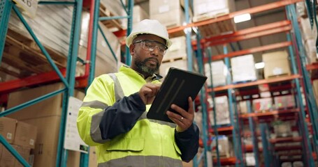 Canvas Print - Distribution, warehouse and black man on tablet for inspection, inventory and online stock. Manufacturing, supply chain and person on digital tech for logistics, maintenance and shipping in factory