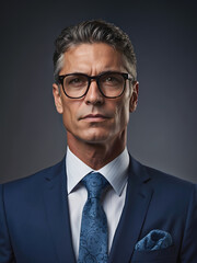 Wall Mural - portrait of handsome mature confident business man smiling in suit and glasses, CEO manager background, successful people