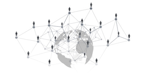 Poster - Black and White Networks, Business Connections, Connected People, Businessmen Nodes of Polygonal Network Mesh - Grey Wireframe, Social Media Concept Design - Earth Globe Isolated on White Background