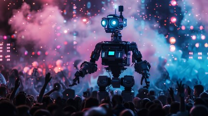 Poster - A modern cloud of robots dances at a party with a robot DJ.