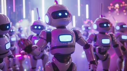 Poster - a cloud of modern robots dances at a party with a robot dj.