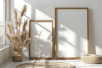 Minimalist style , boho, Two thin wooden frame mock up in vertical position with blank. 