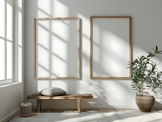 minimalist style , boho decoration , two thin wooden frame mock up in vertical position with blank.