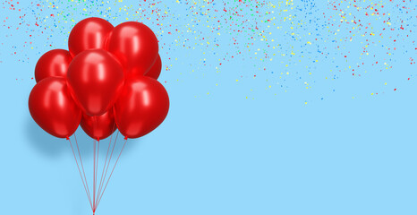 Poster - Bunch of red balloons on blue background with confetti. Empty space for text. 3d rendering