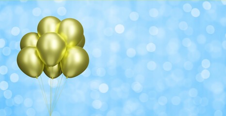 Poster - Bunch of gold balloons on blurred blue background. Empty space for text. 3d rendering