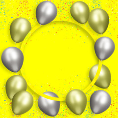 Aufkleber - Golden frame with gold and silver balloons yellow background with confetti. Empty space for text. 3d rendering