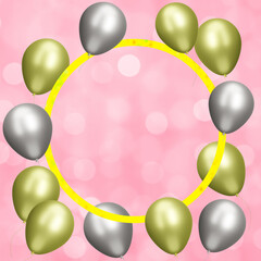 Aufkleber - Golden frame with gold and silver balloons on blurred pink background. Empty space for text. 3d rendering